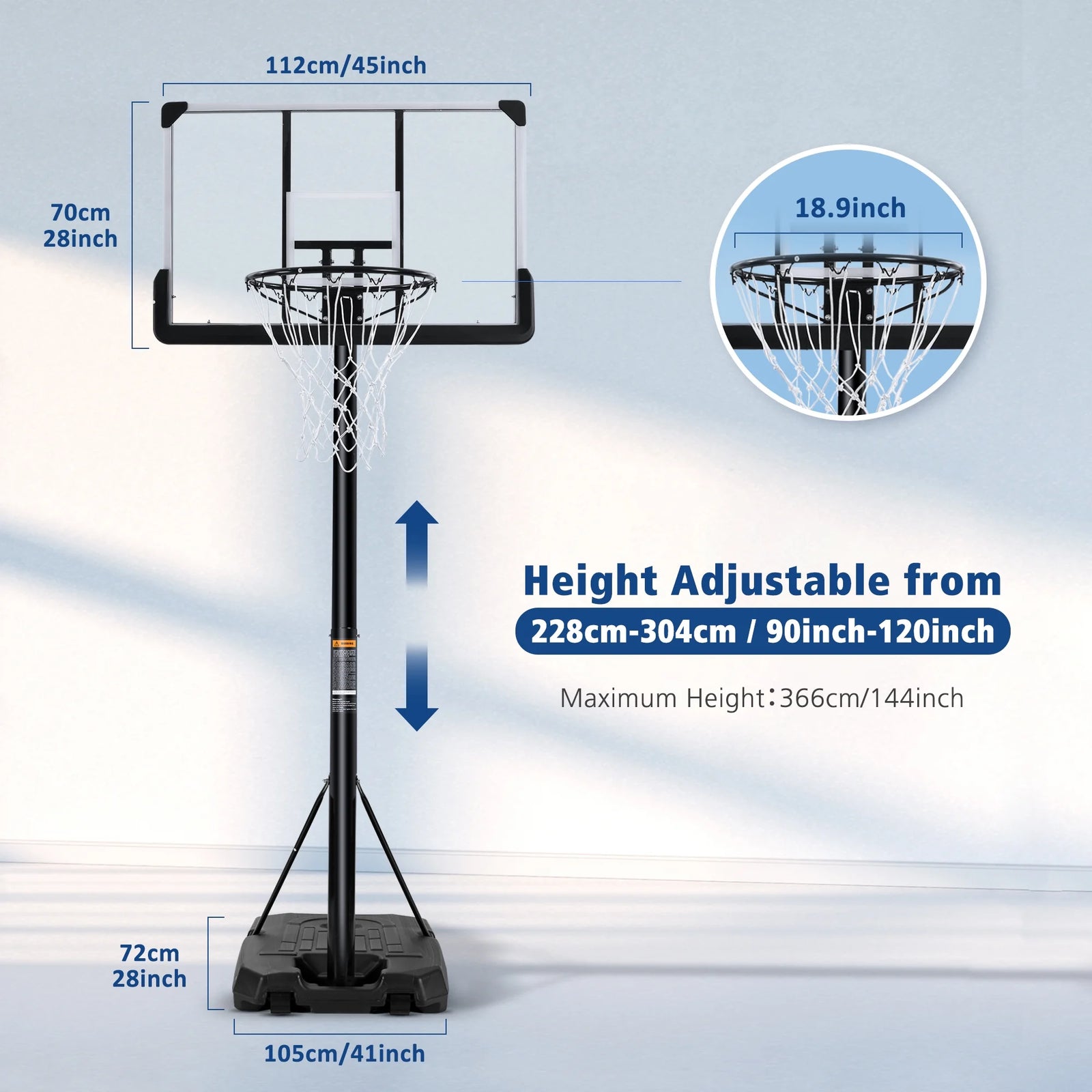 44In Basketball Hoop Portable Basketball System with Adjustable Height with Big Backboard and Large Base for Youth Adults Family Indoor Outdoor